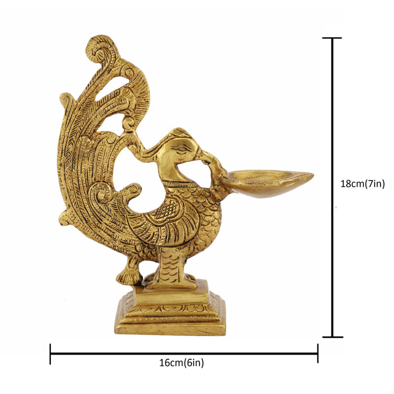 Brass peacock parrot Diya - exquisitely crafted brass oil lamp in the shape of a peacock with parrot motifs, golden finish, decorative home accent, fusion of elegance and vibrancy, traditional Indian Diya, emits a captivating and auspicious glow, perfect for festive occasions and religious ceremonies, enhances spiritual ambiance and decor with a touch of artistic brilliance.