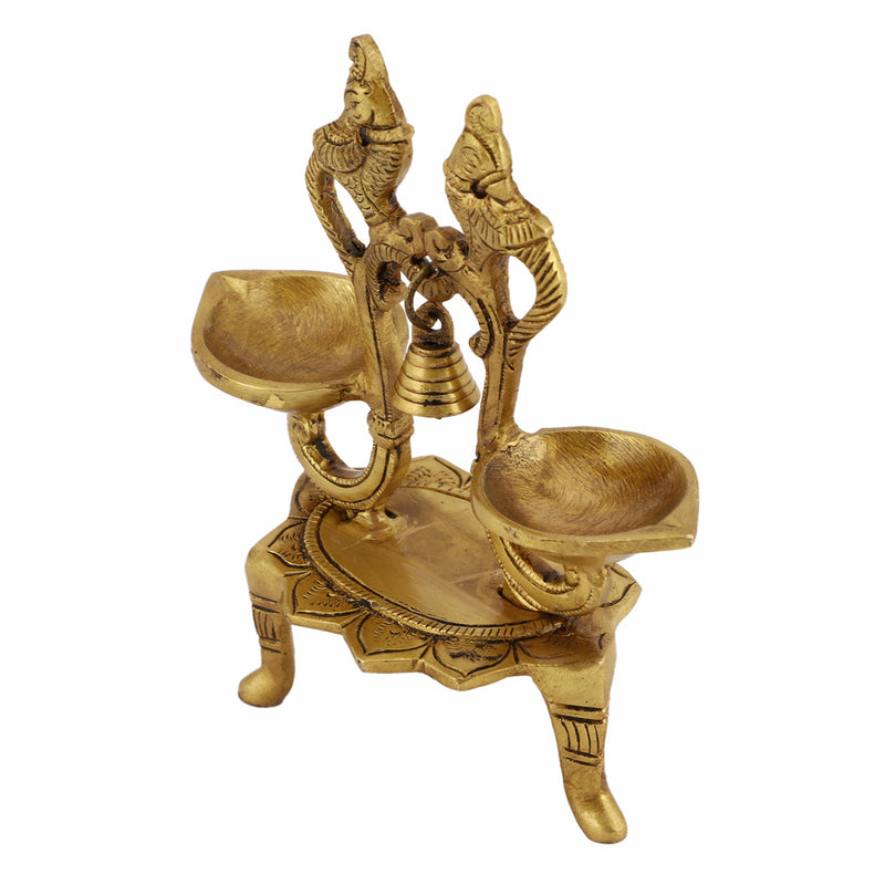 Brass peacock parrot Diya - exquisitely crafted brass oil lamp in the shape of a peacock with parrot motifs, golden finish, decorative home accent, fusion of elegance and vibrancy, traditional Indian Diya, emits a captivating and auspicious glow, perfect for festive occasions and religious ceremonies, enhances spiritual ambiance and decor with a touch of artistic brilliance.