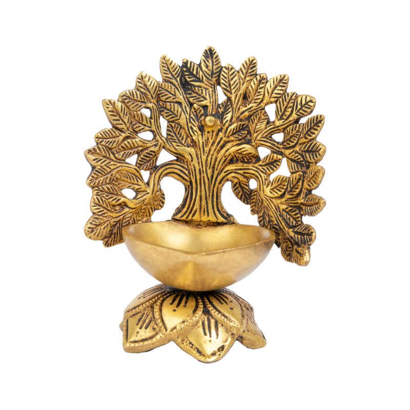 Brass Tree Diya - meticulously designed brass oil lamp in the shape of a tree, golden finish, decorative home accent, symbolizes growth and prosperity, traditional Indian Diya, emits a warm and radiant glow, perfect for festive celebrations and spiritual rituals, enhances spiritual ambiance and decor with a touch of natural beauty.