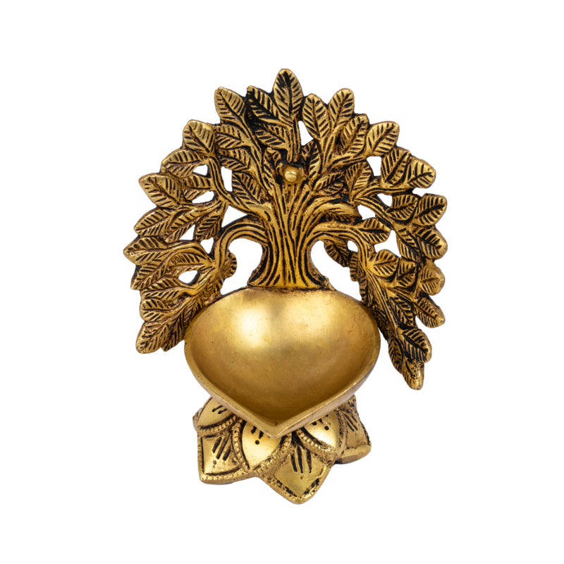 Brass Tree Diya - meticulously designed brass oil lamp in the shape of a tree, golden finish, decorative home accent, symbolizes growth and prosperity, traditional Indian Diya, emits a warm and radiant glow, perfect for festive celebrations and spiritual rituals, enhances spiritual ambiance and decor with a touch of natural beauty.