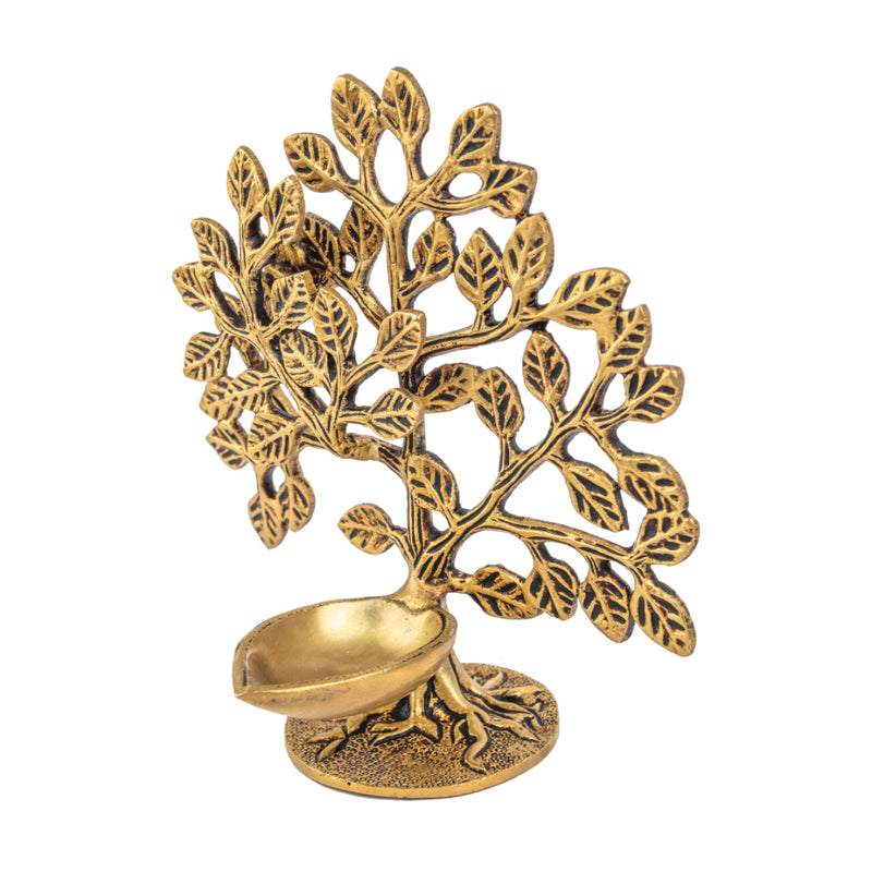 Brass Tree Diya - meticulously designed brass oil lamp in the shape of a tree, golden finish, decorative home accent, symbolizes growth and prosperity, traditional Indian Diya, emits a warm and radiant glow, perfect for festive celebrations and spiritual rituals, enhances spiritual ambiance and decor with a touch of natural beauty.