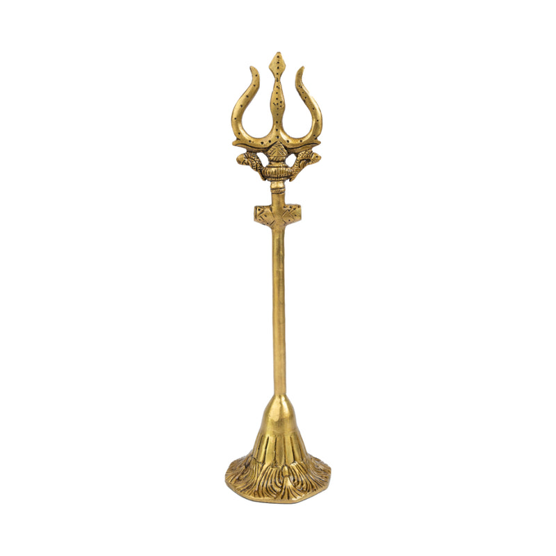 Brass Trishul - meticulously designed brass Trishul (trident), golden finish, symbolic weapon of Lord Shiva, perfect for worship and spiritual practices, ideal for creating a divine ambiance in your home or temple, represents power, protection, and destruction of negativity, enhances the spiritual energy and fosters a sense of devotion, a sacred and captivating addition to your collection of brass artifacts.