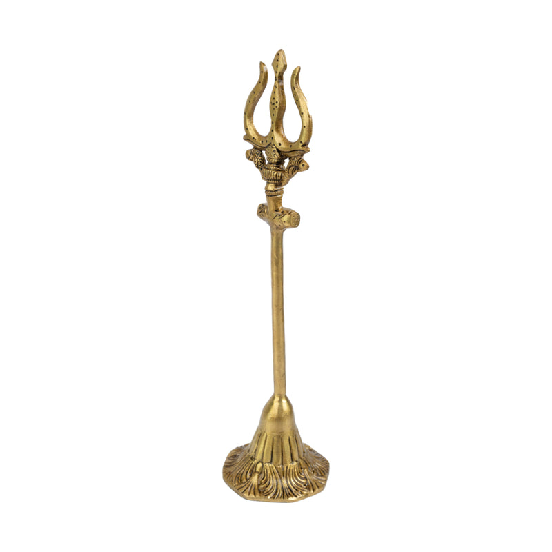 Brass Trishul - meticulously designed brass Trishul (trident), golden finish, symbolic weapon of Lord Shiva, perfect for worship and spiritual practices, ideal for creating a divine ambiance in your home or temple, represents power, protection, and destruction of negativity, enhances the spiritual energy and fosters a sense of devotion, a sacred and captivating addition to your collection of brass artifacts.