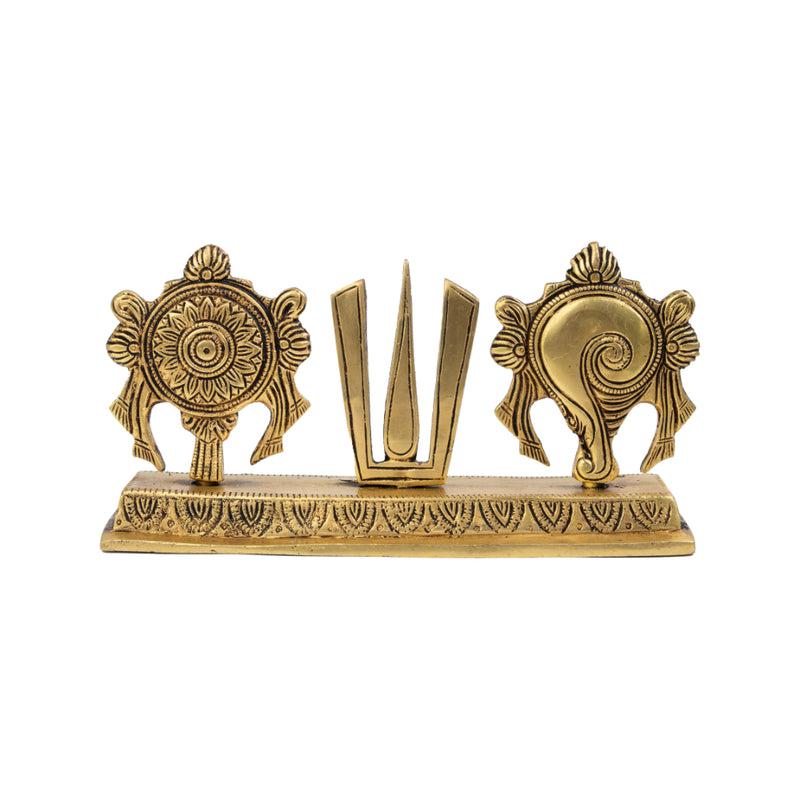 Brass Chakra Trishul Shank - intricately designed brass shank with a combination of chakra, trishul, and sacred symbols, golden finish, symbolic representation of divine energy, perfect for spiritual practices and rituals, ideal for creating a sacred atmosphere in your home or temple, symbolizes power, protection, and balance, enhances the spiritual energy and fosters a sense of harmony, a sacred and meaningful addition to your collection of brass artifacts.