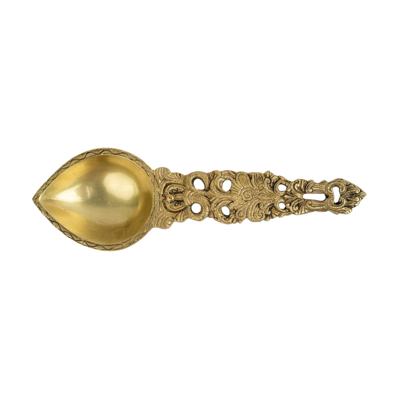 Brass Pooja Spoon - beautifully crafted brass spoon for religious rituals, ideal for offering sacred substances during prayers and ceremonies, golden finish, perfect for home puja setups and spiritual practices, symbolizes purity and devotion, enhances the sacredness of rituals, a functional and auspicious addition to your pooja essentials and religious artifacts.