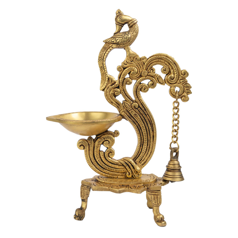 Brass peacock parrot Diya - exquisitely crafted brass oil lamp in the shape of a peacock with parrot motifs, golden finish, decorative home accent, fusion of elegance and vibrancy, traditional Indian Diya, emits a captivating and auspicious glow, perfect for festive occasions and religious ceremonies, enhances spiritual ambiance and decor with a touch of artistic brilliance.