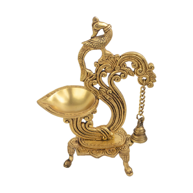 Brass peacock parrot Diya - exquisitely crafted brass oil lamp in the shape of a peacock with parrot motifs, golden finish, decorative home accent, fusion of elegance and vibrancy, traditional Indian Diya, emits a captivating and auspicious glow, perfect for festive occasions and religious ceremonies, enhances spiritual ambiance and decor with a touch of artistic brilliance.