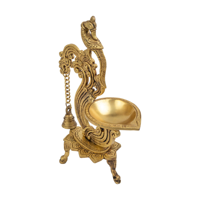 Brass peacock parrot Diya - exquisitely crafted brass oil lamp in the shape of a peacock with parrot motifs, golden finish, decorative home accent, fusion of elegance and vibrancy, traditional Indian Diya, emits a captivating and auspicious glow, perfect for festive occasions and religious ceremonies, enhances spiritual ambiance and decor with a touch of artistic brilliance.