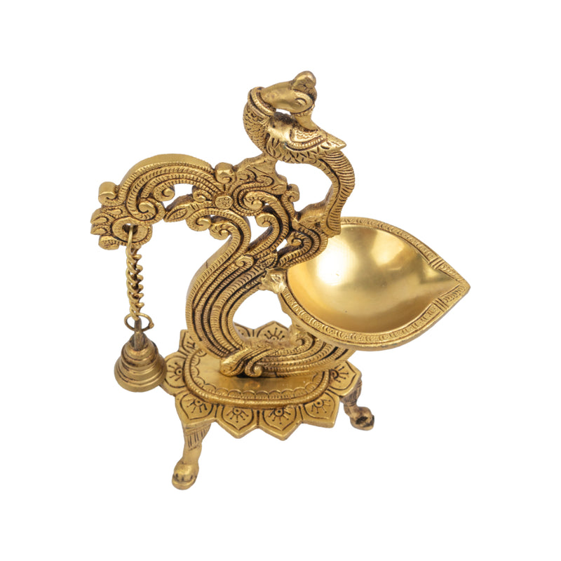 Brass peacock parrot Diya - exquisitely crafted brass oil lamp in the shape of a peacock with parrot motifs, golden finish, decorative home accent, fusion of elegance and vibrancy, traditional Indian Diya, emits a captivating and auspicious glow, perfect for festive occasions and religious ceremonies, enhances spiritual ambiance and decor with a touch of artistic brilliance.