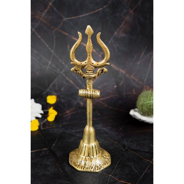 Brass Trishul - meticulously designed brass Trishul (trident), golden finish, symbolic weapon of Lord Shiva, perfect for worship and spiritual practices, ideal for creating a divine ambiance in your home or temple, represents power, protection, and destruction of negativity, enhances the spiritual energy and fosters a sense of devotion, a sacred and captivating addition to your collection of brass artifacts.