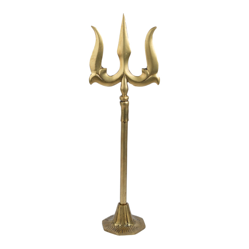 Brass Trishul - meticulously designed brass Trishul (trident), golden finish, symbolic weapon of Lord Shiva, perfect for worship and spiritual practices, ideal for creating a divine ambiance in your home or temple, represents power, protection, and destruction of negativity, enhances the spiritual energy and fosters a sense of devotion, a sacred and captivating addition to your collection of brass artifacts.