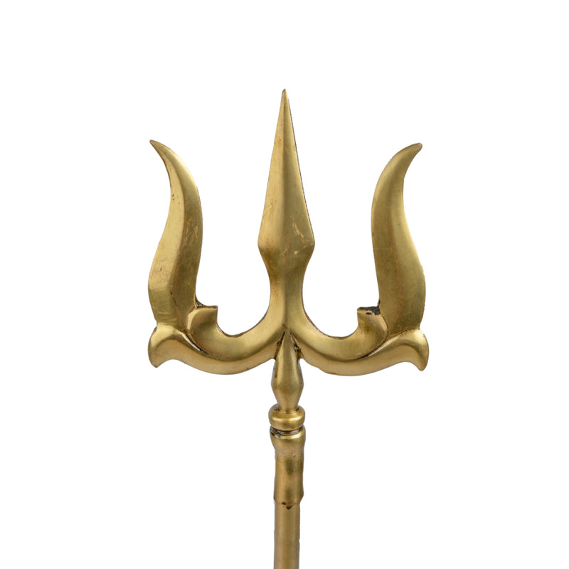 Brass Trishul - meticulously designed brass Trishul (trident), golden finish, symbolic weapon of Lord Shiva, perfect for worship and spiritual practices, ideal for creating a divine ambiance in your home or temple, represents power, protection, and destruction of negativity, enhances the spiritual energy and fosters a sense of devotion, a sacred and captivating addition to your collection of brass artifacts.