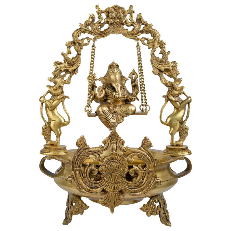 Brass Lakshmi & Ganesh Ji Urli - intricately crafted brass decorative bowl featuring idols of Goddess Lakshmi and Lord Ganesh, golden finish, traditional Indian Urli, versatile home accent, ideal for floating flower petals or candles, symbolizes prosperity and blessings, adds a touch of divinity and cultural richness to any space, perfect for creating an auspicious ambiance and enhancing interior decor, a timeless piece of art for both indoor and outdoor settings.