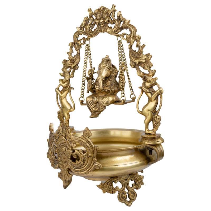 Brass Lakshmi & Ganesh Ji Urli - intricately crafted brass decorative bowl featuring idols of Goddess Lakshmi and Lord Ganesh, golden finish, traditional Indian Urli, versatile home accent, ideal for floating flower petals or candles, symbolizes prosperity and blessings, adds a touch of divinity and cultural richness to any space, perfect for creating an auspicious ambiance and enhancing interior decor, a timeless piece of art for both indoor and outdoor settings.