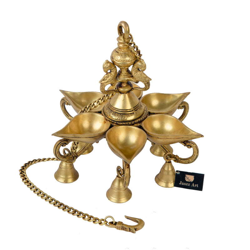 Jaszz Art Brass Parrot 6 Diya With Hanging Chain