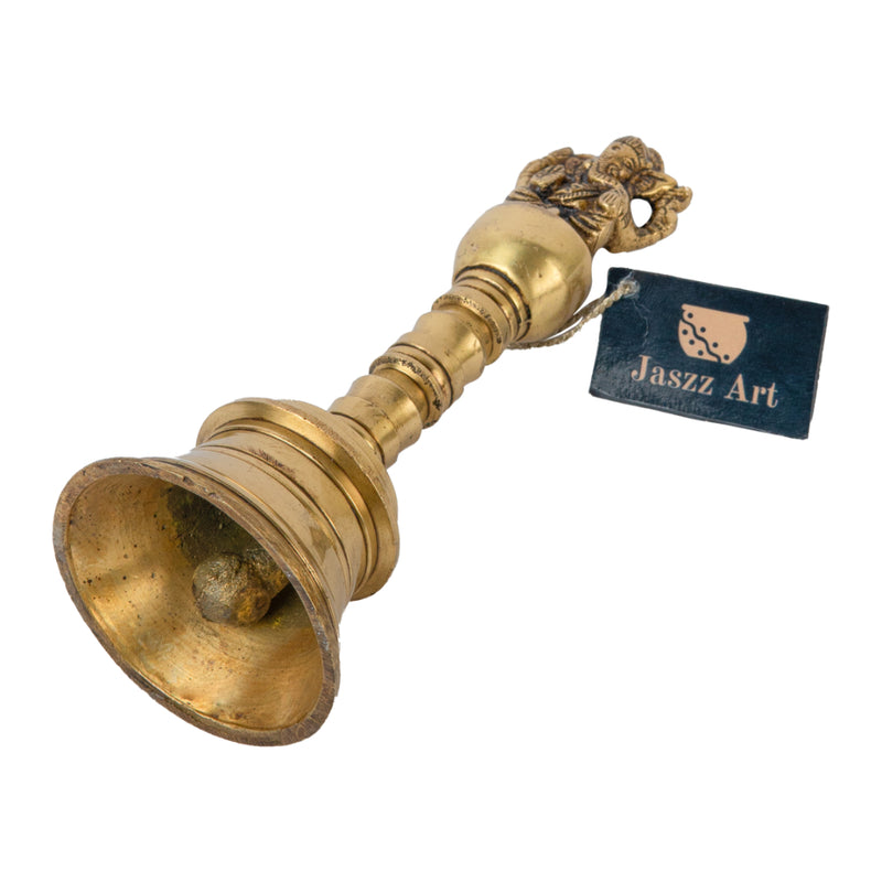 Brass Pooja Bells - meticulously designed brass bells for religious ceremonies, golden finish, decorative home accent, emits a melodious and auspicious sound, perfect for enhancing the sacred atmosphere during pooja (worship), ideal for rituals, prayers, and spiritual practices, symbolizes devotion and divine connection, enhances the ambiance with positive vibrations and spiritual energy, a traditional and essential addition to your collection of brass artifacts for pooja rituals.