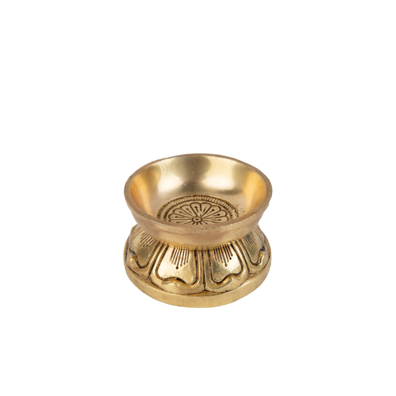 Brass small Akhand Diya - intricately designed brass oil lamp, compact size, traditional Indian Diya, golden finish, decorative home accent, emits a warm and serene glow, ideal for religious ceremonies and meditation, enhances spiritual ambiance and decor.