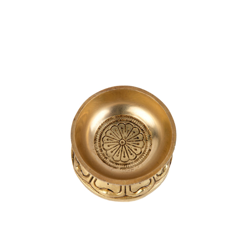 Brass small Akhand Diya - intricately designed brass oil lamp, compact size, traditional Indian Diya, golden finish, decorative home accent, emits a warm and serene glow, ideal for religious ceremonies and meditation, enhances spiritual ambiance and decor.