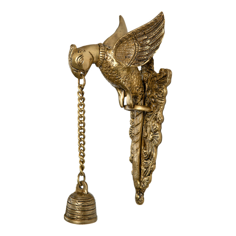 Brass Peacock Bells - beautifully crafted brass bells in the shape of peacocks, traditional design, golden finish, decorative home accent, emits a melodious and enchanting sound, perfect for adding a touch of charm and serenity to any space, ideal for meditation, rituals, and decor, a symbol of beauty and grace, enhances the ambiance and brings positive energy, a delightful addition to your collection of brass artifacts.