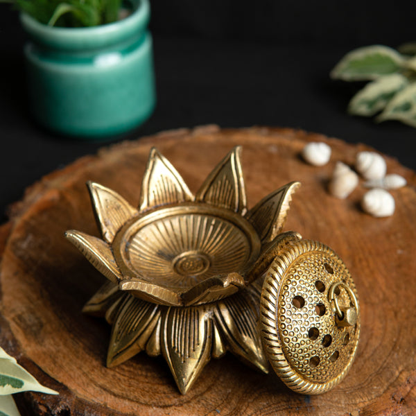 Brass Dhoop Dani - elegantly designed brass incense holder, ideal for burning incense cones or dhoop, golden finish, perfect for home rituals and meditation spaces, enhances the ambiance and fragrance during spiritual practices, symbolizes purification and spiritual elevation, a beautiful and practical addition to your collection of brass incense holders and spiritual accessories.