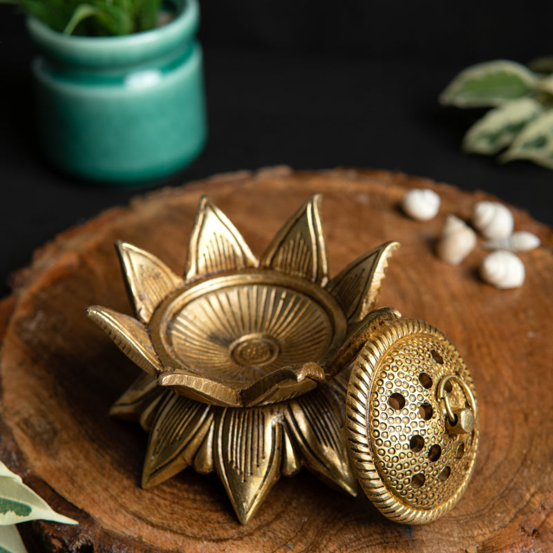 Brass Dhoop Dani - elegantly designed brass incense holder, ideal for burning incense cones or dhoop, golden finish, perfect for home rituals and meditation spaces, enhances the ambiance and fragrance during spiritual practices, symbolizes purification and spiritual elevation, a beautiful and practical addition to your collection of brass incense holders and spiritual accessories.