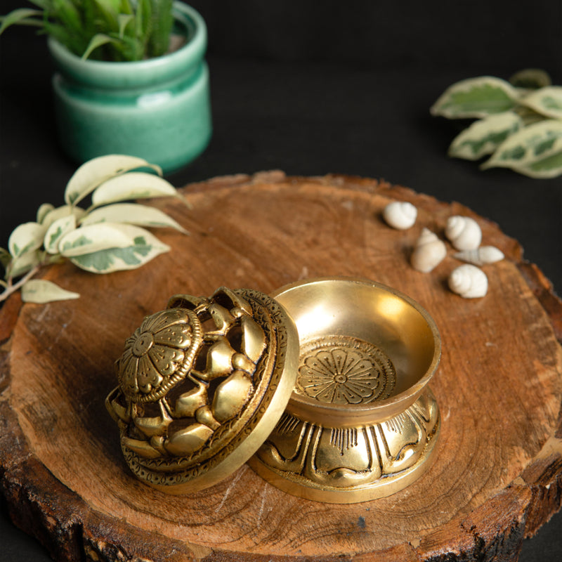 Brass Dhoop Dani - elegantly designed brass incense holder, ideal for burning incense cones or dhoop, golden finish, perfect for home rituals and meditation spaces, enhances the ambiance and fragrance during spiritual practices, symbolizes purification and spiritual elevation, a beautiful and practical addition to your collection of brass incense holders and spiritual accessories.