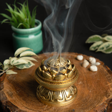 Brass Dhoop Dani - elegantly designed brass incense holder, ideal for burning incense cones or dhoop, golden finish, perfect for home rituals and meditation spaces, enhances the ambiance and fragrance during spiritual practices, symbolizes purification and spiritual elevation, a beautiful and practical addition to your collection of brass incense holders and spiritual accessories.