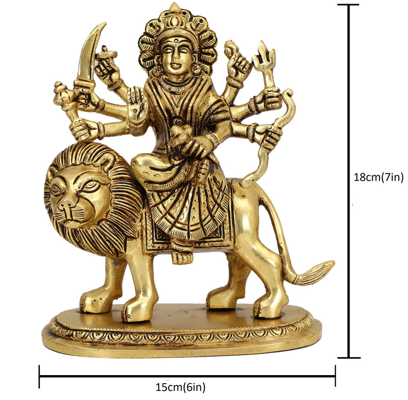 Brass God Shera Vali Maa - intricately designed brass statue featuring Goddess Sherawali Maa, golden finish, divine and powerful deity, perfect for home decor and spiritual spaces, ideal for invoking strength, courage, and protection, symbolizes divine motherhood, valor, and victory, enhances the spiritual energy and fosters a sense of divine presence, a sacred and revered addition to your collection of brass sculptures and figurines.