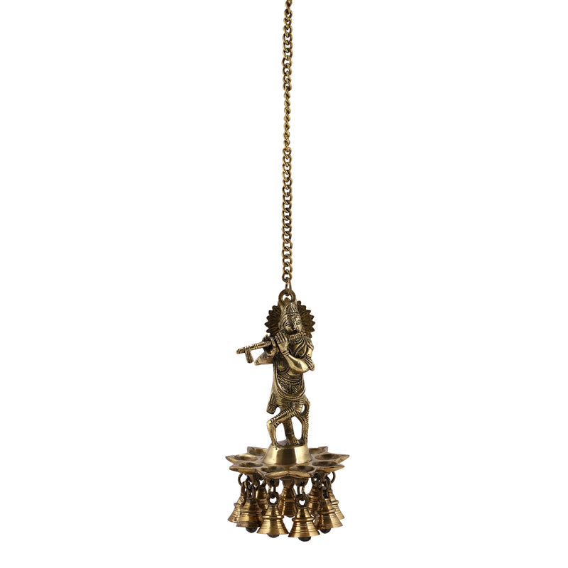  Ethnic Krishna ji Design Hanging Chain 9 Oil Wick Lamp Bells Diya Diyas antique brass decor Diwali Dipawali Festival gift gifts God gold golden home item items love luck pooja puja room Vastu wealth