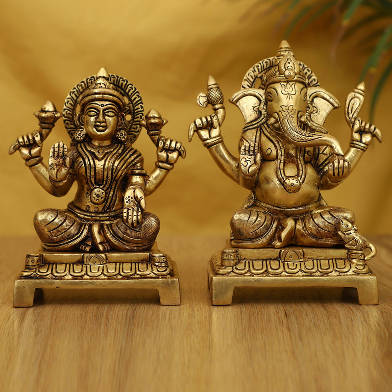 Brass God Lakshmi Ganesha Ji - meticulously designed brass statue featuring Lord Lakshmi and Lord Ganesha, golden finish, auspicious and revered deities, perfect for home decor and spiritual spaces, ideal for invoking blessings, prosperity, and success, symbolizes wealth, wisdom, and divine grace, enhances the spiritual energy and fosters a sense of divine presence, a sacred and blessed addition to your collection of brass sculptures and figurines.