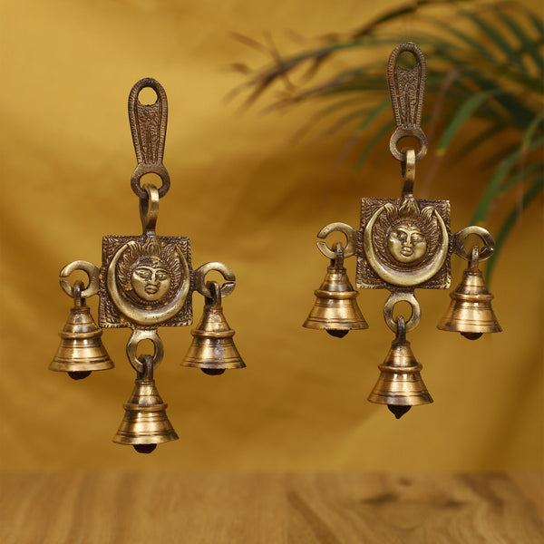 Brass Sun Moon Bells - intricately designed brass bells depicting the sun and moon motifs, golden finish, decorative home accent, emits a gentle and soothing sound, perfect for creating a celestial and serene ambiance, ideal for meditation, yoga, and relaxation, symbolizes the harmonious union of cosmic forces, enhances the atmosphere with positive vibrations and celestial energy, a unique and captivating addition to your collection of brass artifacts.