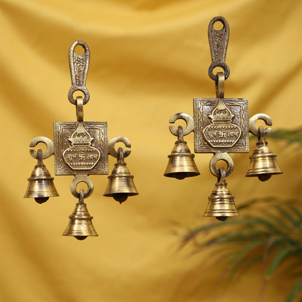 Brass Subh Labh Bells - meticulously designed brass bells with Subh Labh engravings, golden finish, decorative home accent, emits a melodious and auspicious sound, perfect for attracting prosperity and good fortune, ideal for hanging at the entrance or in puja room, symbolizes blessings and abundance, enhances the ambiance with positive vibrations, a traditional and auspicious addition to your collection of brass artifacts.