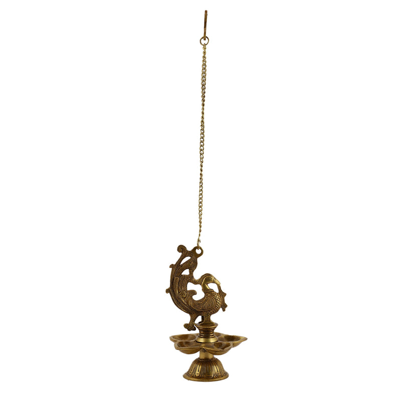  Ethnic peacock Design Hanging Chain 5 Oil Wick Lamp Bells Diya Diyas antique brass decor Diwali Dipawali Festival gift gifts God gold golden home item items love luck pooja puja room Vastu wealth