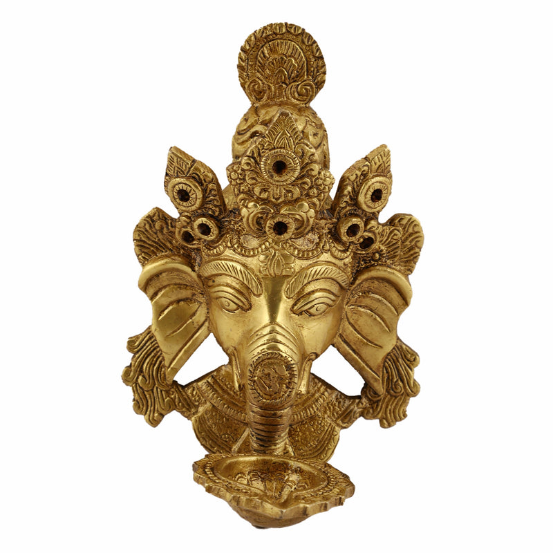  Ethnic Ganesh ji Design Wall Mount Hanging 5 Oil Wick Lamp Bells Diya Diyas antique brass decor Diwali Dipawali Festival gift gifts God gold golden home item items love luck pooja puja room Vastu wealth