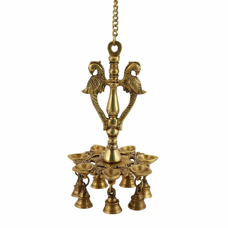  Ethnic Parrot Design Hanging Chain 7 Oil Wick Lamp Bells Diya Diyas antique brass decor Diwali Dipawali Festival gift gifts God gold golden home item items love luck pooja puja room Vastu wealth