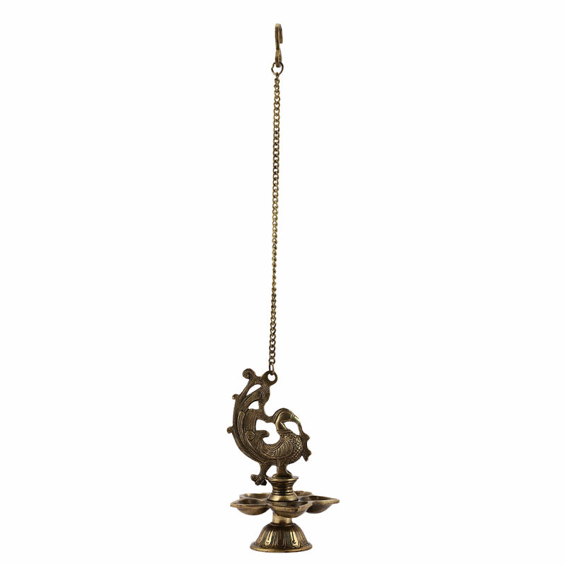  Ethnic peacock Design Hanging Chain 5 Oil Wick Lamp Bells Diya Diyas antique brass decor Diwali Dipawali Festival gift gifts God gold golden home item items love luck pooja puja room Vastu wealth