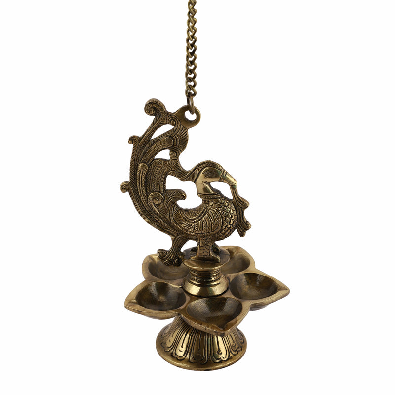  Ethnic peacock Design Hanging Chain 5 Oil Wick Lamp Bells Diya Diyas antique brass decor Diwali Dipawali Festival gift gifts God gold golden home item items love luck pooja puja room Vastu wealth