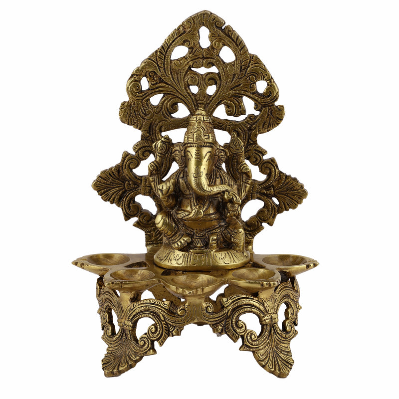  Ethnic Ganesh ji Design Wall Mount Hanging 5 Oil Wick Lamp Bells Diya Diyas antique brass decor Diwali Dipawali Festival gift gifts God gold golden home item items love luck pooja puja room Vastu wealth