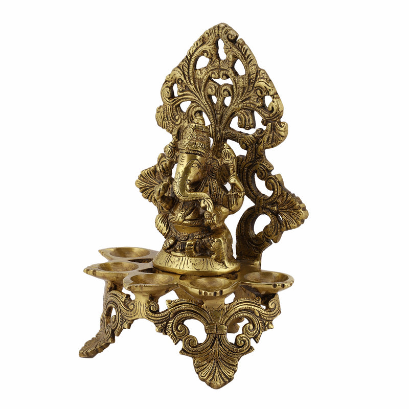  Ethnic Ganesh ji Design Wall Mount Hanging 5 Oil Wick Lamp Bells Diya Diyas antique brass decor Diwali Dipawali Festival gift gifts God gold golden home item items love luck pooja puja room Vastu wealth