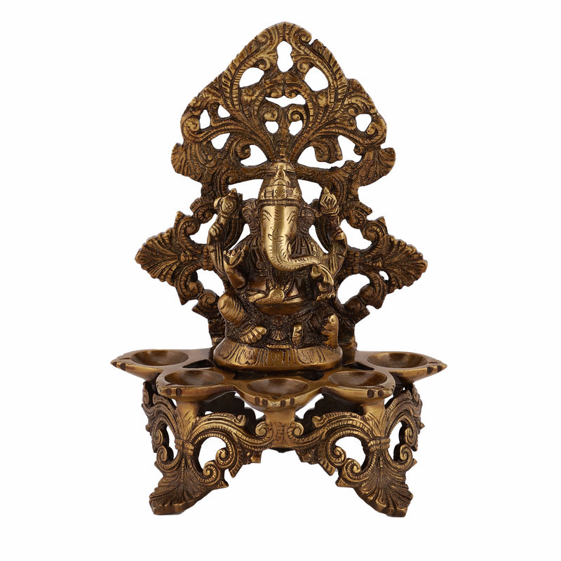  Ethnic Ganesh ji Design Wall Mount Hanging 5 Oil Wick Lamp Bells Diya Diyas antique brass decor Diwali Dipawali Festival gift gifts God gold golden home item items love luck pooja puja room Vastu wealth