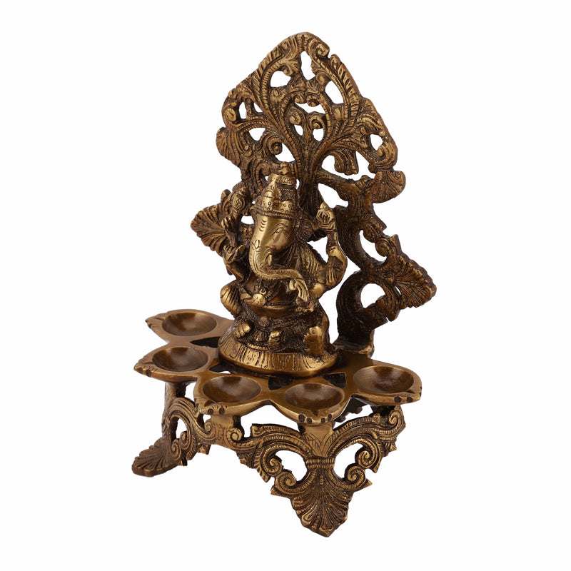  Ethnic Ganesh ji Design Wall Mount Hanging 5 Oil Wick Lamp Bells Diya Diyas antique brass decor Diwali Dipawali Festival gift gifts God gold golden home item items love luck pooja puja room Vastu wealth