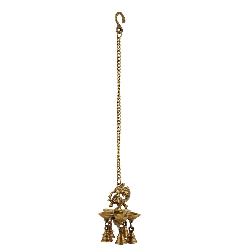  Ethnic peacock Design Hanging Chain 5 Oil Wick Lamp Bells Diya Diyas antique brass decor Diwali Dipawali Festival gift gifts God gold golden home item items love luck pooja puja room Vastu wealth