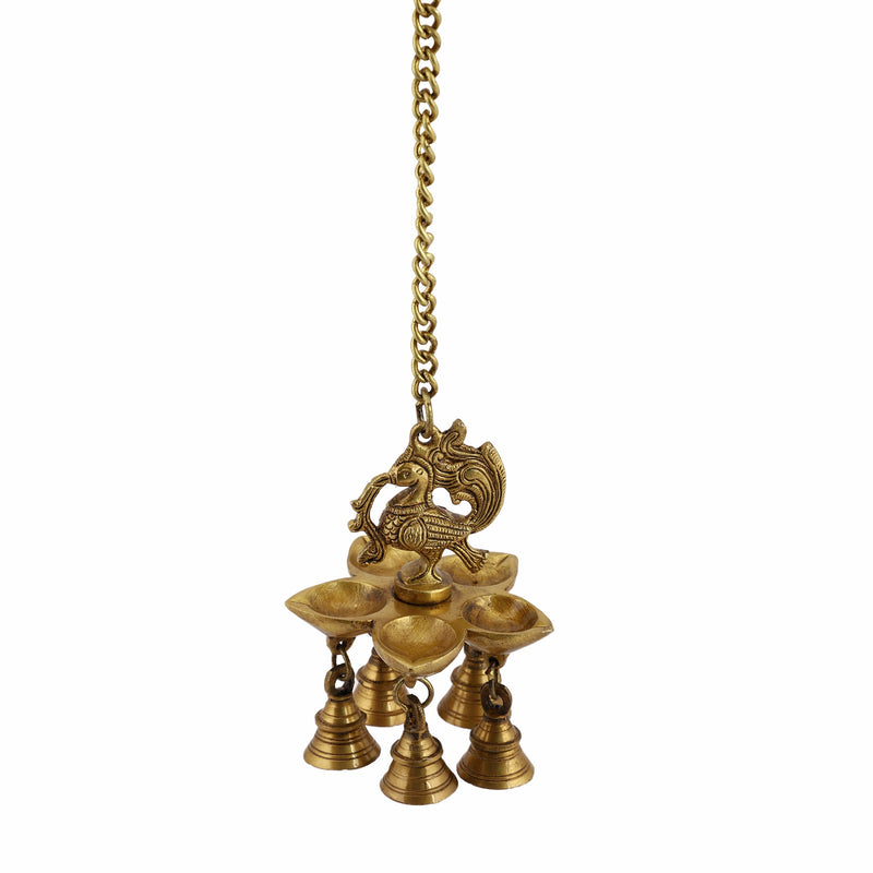  Ethnic peacock Design Hanging Chain 5 Oil Wick Lamp Bells Diya Diyas antique brass decor Diwali Dipawali Festival gift gifts God gold golden home item items love luck pooja puja room Vastu wealth