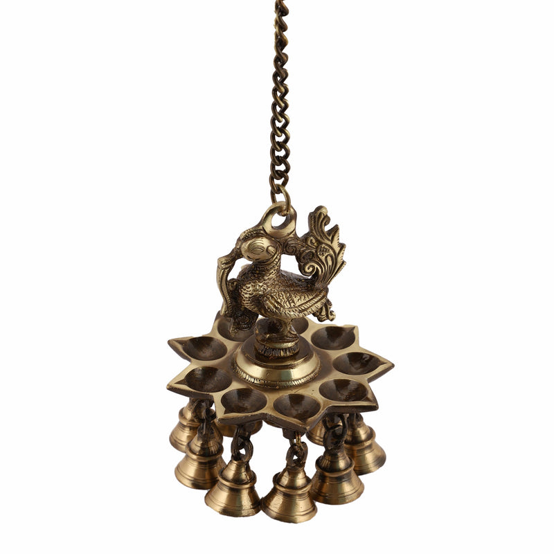 Ethnic peacock Design Hanging Chain 9 Oil Wick Lamp Bells Diya Diyas antique brass decor Diwali Dipawali Festival gift gifts God gold golden home item items love luck pooja puja room Vastu wealth