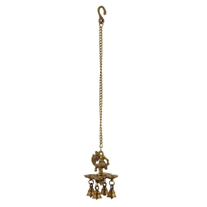  Ethnic peacock Design Hanging Chain 4 Oil Wick Lamp Bells Diya Diyas antique brass decor Diwali Dipawali Festival gift gifts God gold golden home item items love luck pooja puja room Vastu wealth