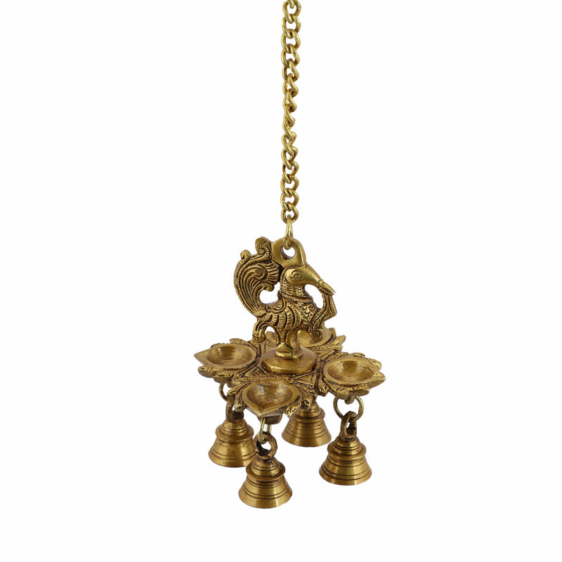  Ethnic peacock Design Hanging Chain 4 Oil Wick Lamp Bells Diya Diyas antique brass decor Diwali Dipawali Festival gift gifts God gold golden home item items love luck pooja puja room Vastu wealth