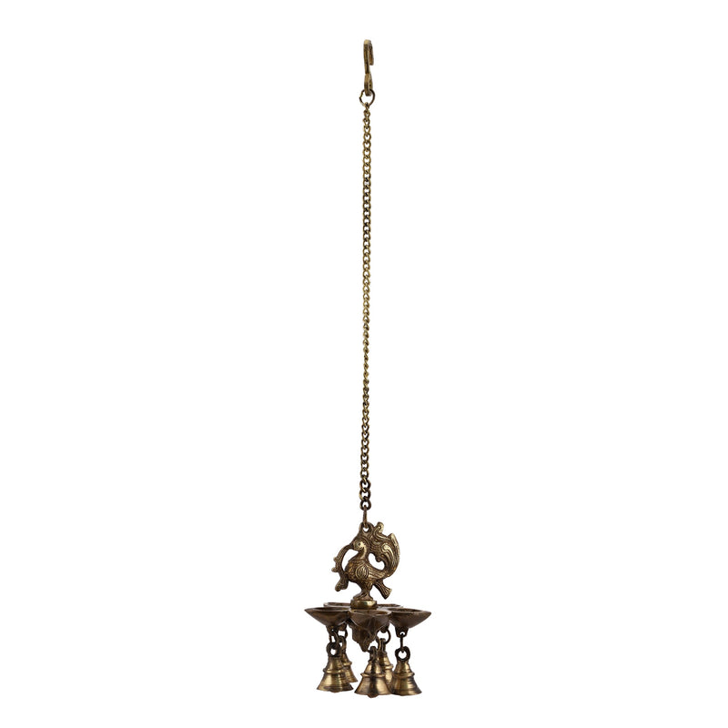  Ethnic peacock Design Hanging Chain 5 Oil Wick Lamp Bells Diya Diyas antique brass decor Diwali Dipawali Festival gift gifts God gold golden home item items love luck pooja puja room Vastu wealth