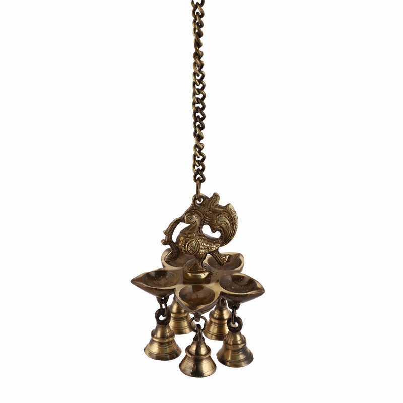  Ethnic peacock Design Hanging Chain 5 Oil Wick Lamp Bells Diya Diyas antique brass decor Diwali Dipawali Festival gift gifts God gold golden home item items love luck pooja puja room Vastu wealth