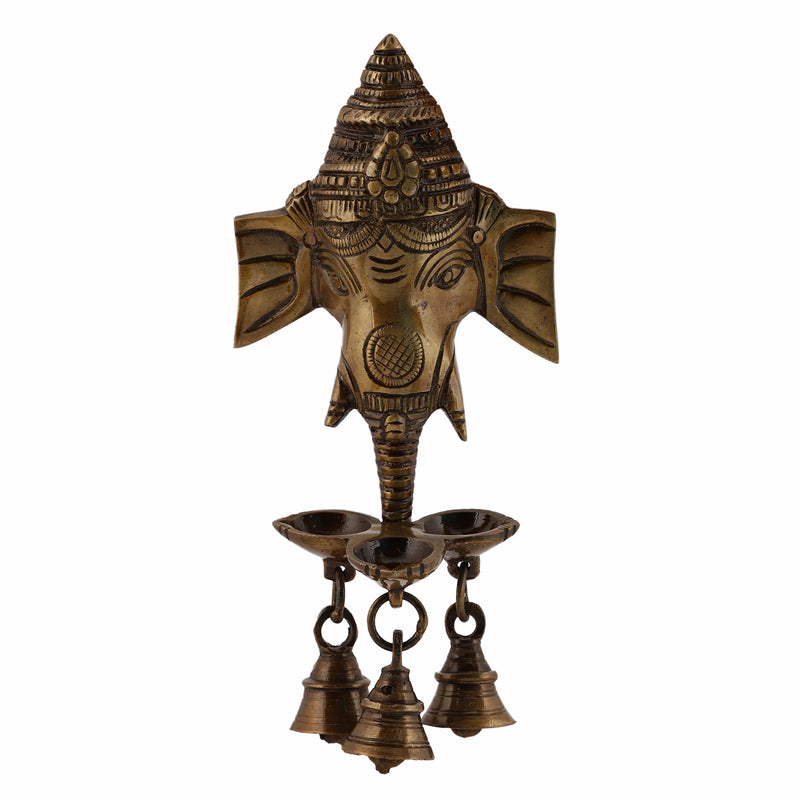  Ethnic Ganesh ji Design Wall Mount Hanging 5 Oil Wick Lamp Bells Diya Diyas antique brass decor Diwali Dipawali Festival gift gifts God gold golden home item items love luck pooja puja room Vastu wealth