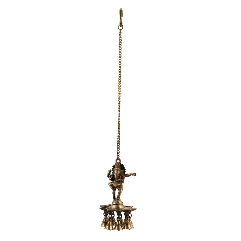  Ethnic Ganesh ji Design Hanging Chain 5 Oil Wick Lamp Bells Diya Diyas antique brass decor Diwali Dipawali Festival gift gifts God gold golden home item items love luck pooja puja room Vastu wealth